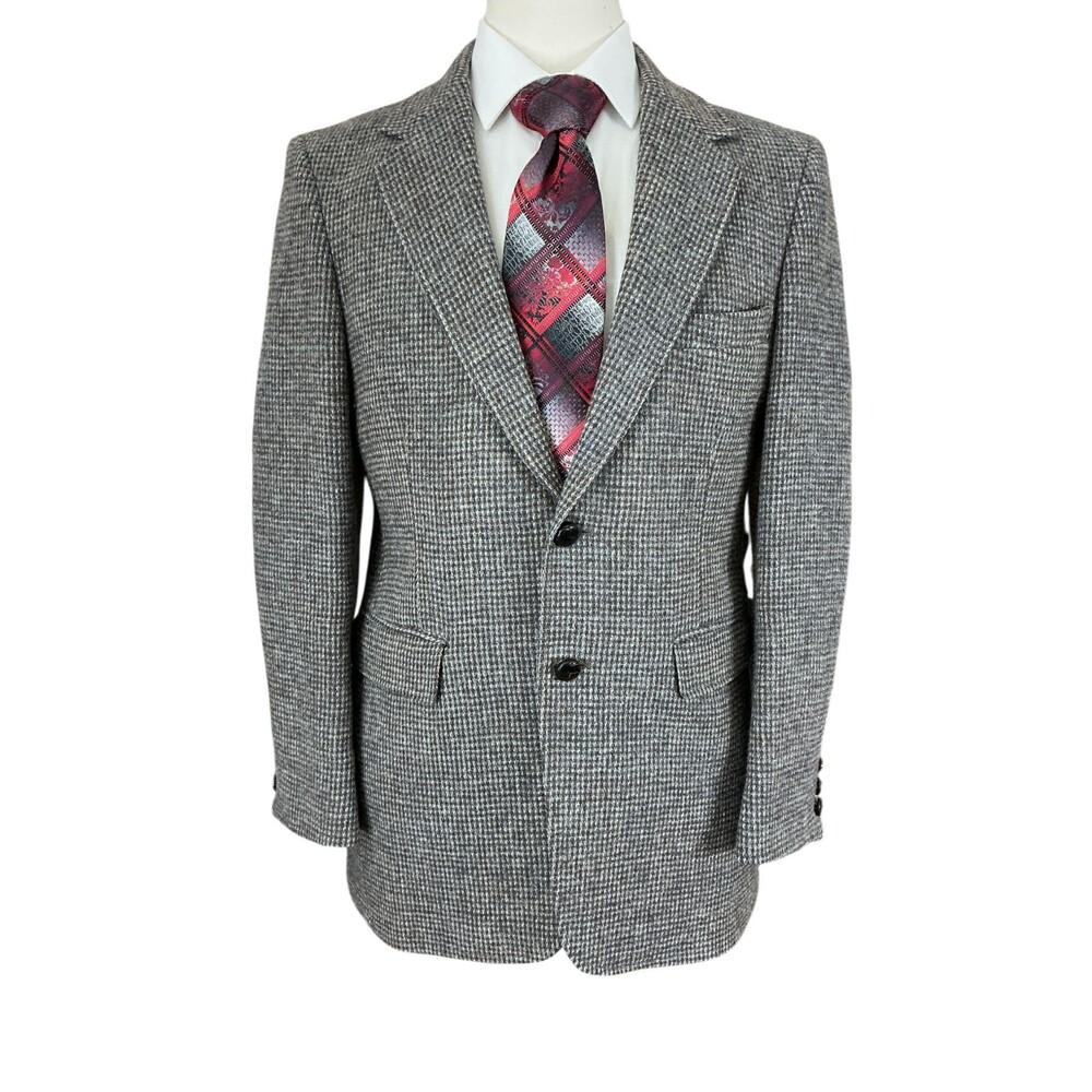 VTG Harris Tweed Jacket 38R Scottish Wool Grey Beige Barleycorn Check Handwoven